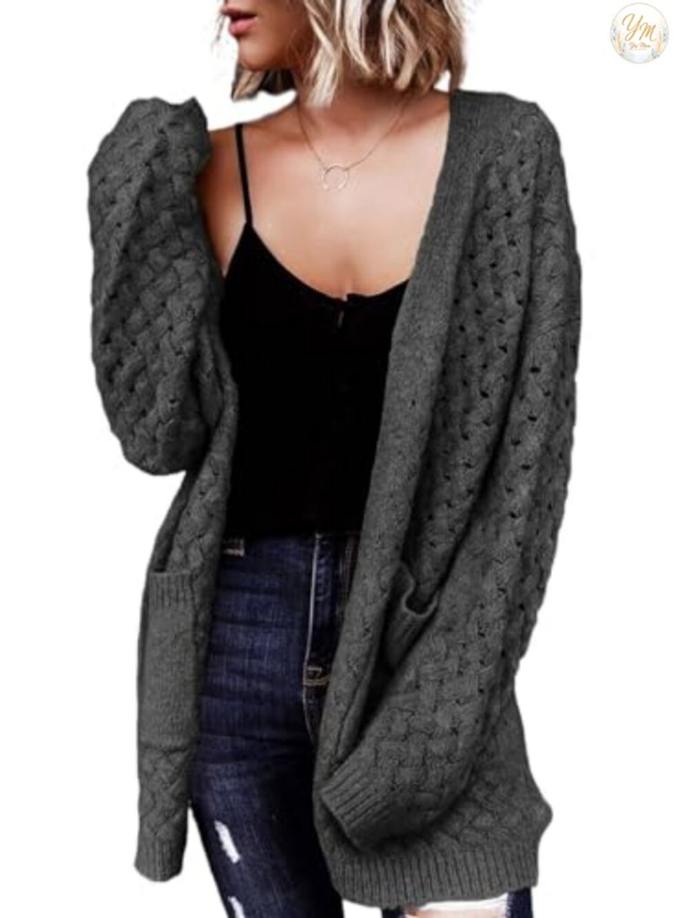 Chunky Cable Knit Open Front Cardigan with Pockets Long Sleeve Sweater